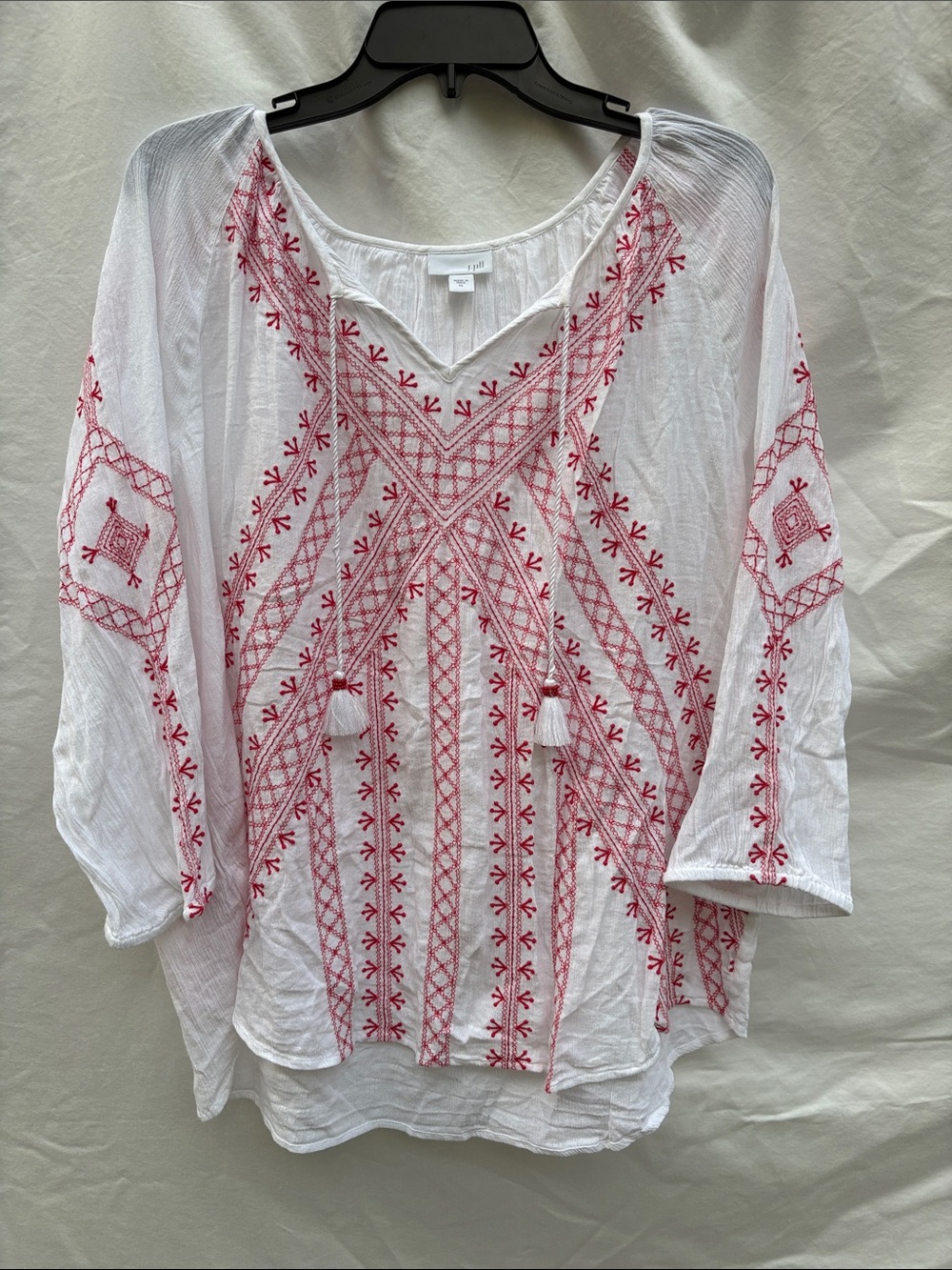 J. Jill White Peasant Tunic with Red Embroidery